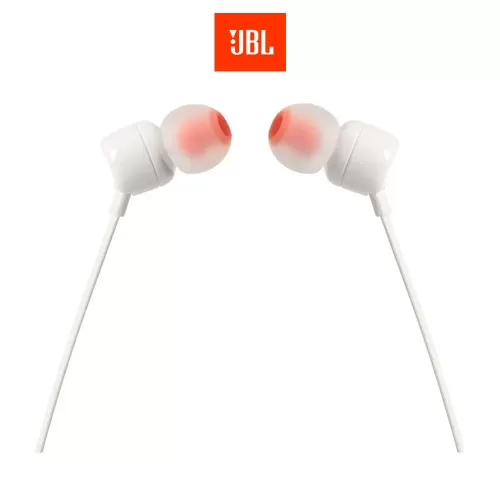 Audífonos in ear con micrófono JBL T110 cable plano, conector 3.5 mm, control de música y llamadas, blanco